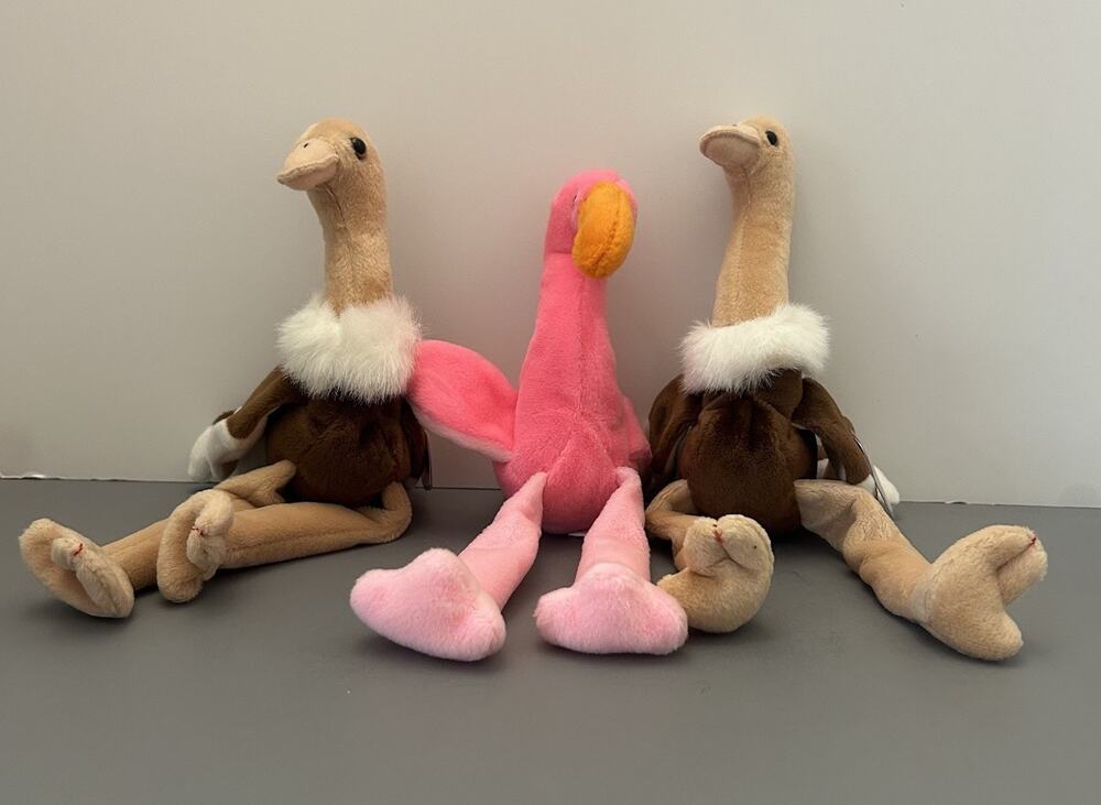 Ty Beanie Babies 2 Stretch Ostrich and 1 Pinky Flamingo with Tags Plush Toys
